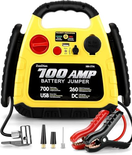 Avviatore di Emergenza 4 in 1 con Compressore 700A 12V – Jump Starter Auto Moto, Power Bank 10000mAh, Gonfiatore 260 PSI, Uscita DC, Luce LED, Booster Avviamento Portatile per Viaggi ed Emergenze