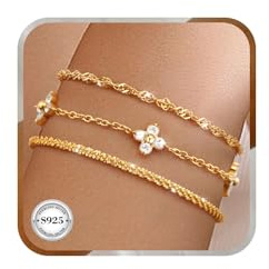 J.Fée 3 Stück Armband Gold Set, Armbänder Damen 925 Silber, 16+5cm, Wasserfest Freundschaftsarmbänder Gold Armband Damen mit Cubic Zirkonia, Silber Armbänder Goldschmuck Geschenke Für Frauen