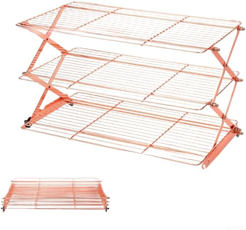 3-Tier Collapsible Cooling Rack for Baking – Foldable Space-Saving Kitchen Bakeware, 40 x 26 x 6 cm, PS Material, Black or Rose Gold(Rose Gold Three)
