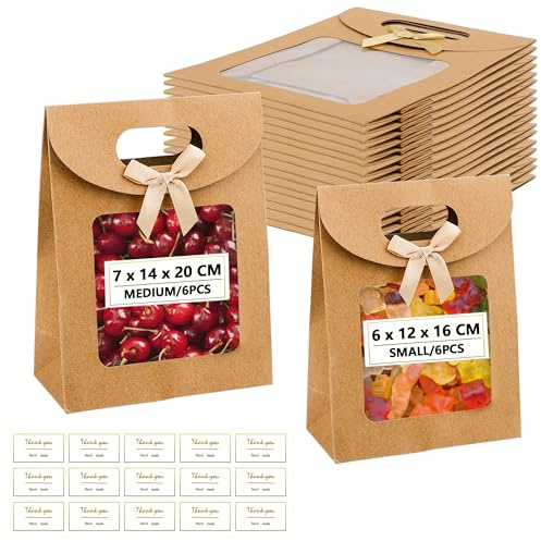 DesertBoy 12 Stück Geschenktüte mit Fenster, mit Einen Aufkleber, Geschenktüten mit Fenster, Papiertüten mit Fenster, Kraftpapier Geschenktüte mit Fenster für Geschenke (12 x 16 x 6cm/14 x 20 x 7 cm)