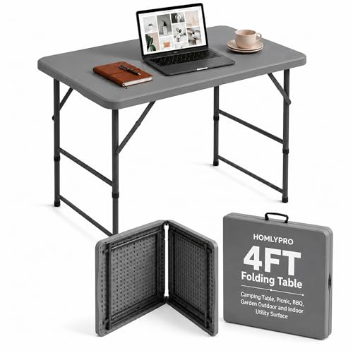 HomlyPro Heavy Duty 4FT Folding Table 120x60cm, Grey, Plastic Folding Desk Portable as Camping Table, Picnic, BBQ, Garden Outdoor and Indoor Utility Surface