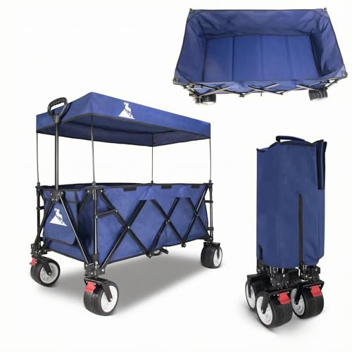 TOPWELL Bollerwagen Faltbar mit Dach, Handwagen Strandwagen Gartenwagen, Klappbarer Transportwagen mit 4 Rädern und Bremse, blau, für Camping, Strand und Garten, platzsparend zusammenklappbar