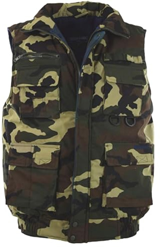 Renegader Sportswear Men's Multiple Pocket Water Resistant Poplin Shell Polar Fleece Lined Padded Utility Vest (Camouflage Woodland, Large)