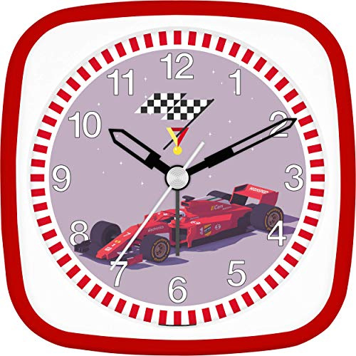 Eurotime Wecker Jungen Rennauto Rennsport, Kinderwecker, Rot, Kunststoffgehäuse und Kunststoffglas, geräuscharmer Wecker, ohne Ticken, mit Licht und Weckwiederholung, 27108-01