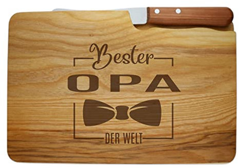 FORYOU24 Brotzeitbrett mit Messer und Gravur Motiv 04 - graviert mit -Opa ist der Beste- Schneidebrett aus Holz Geschenkidee zum Geburtstag Küchenbrett 26x15cm