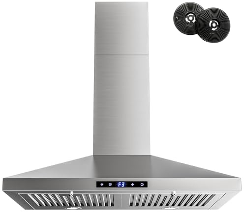 FIREGAS Range Hood 30 inch, Wall Mount Kitchen Hood in Stainless Steel With Ducted/Ductless Convertible, Stove Vent Hood with Permanent Filters, 3 Speed Exhaust Fan, LED Lights, Touch Control
