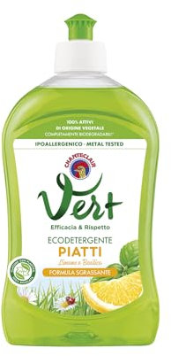 Vert di Chanteclair - Ecodetergente Piatti, Limone e Basilico - Ipoallergenico, Metal tested,100% Attivi di Origine Vegetale, Formula Sgrassante - 12 Flaconi da 500 ml