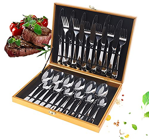 Juego de cubertería de 24 piezas para 6 personas, de acero inoxidable, con cuchillos de carne y caja de regalo