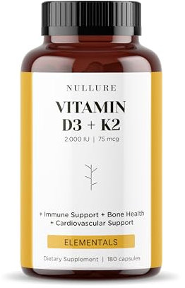 Nullure Vitamina D3 K2 (MK7) Naturale | 2000 UI | Formulazione giornaliera di facile assimilazione | Sistema Immunitario · Cardiovascolare · Ossa · Denti · Muscoli |180 capsule (6 mesi)