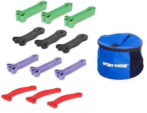 Sport-Thieme Rubberbands Set Powerband | Gruppenset für Stretching und Muskelaufbau | 10er Set mit Tasche | Grün Gelb Rot Blau | Naturkautschuk | Fitnessband Widerstandsband