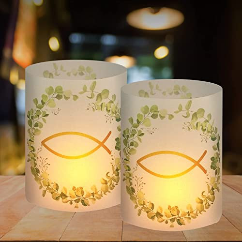 Lot de 16 photophores décoratifs de table pour baptême, confirmation, communion, anniversaire, mariage, première communion, fille garçon, poisson eucalyptus, convient pour bougies diverses