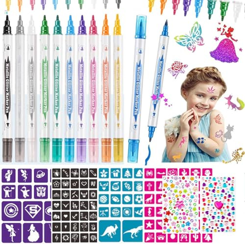 10-pack tatueringspennor barn, glittertatueringsset, barnsmink, tatueringsmallar för barn vuxna tillfällig tatuering diamantklistermärken födelsedagsfest (Style1)
