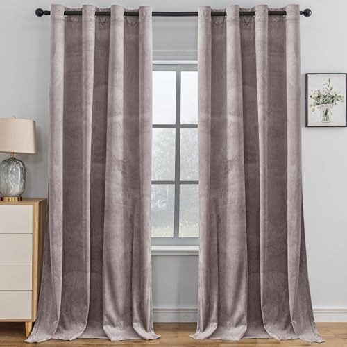 YSTELLAA Gardinen Samt 2er Set, 140×240 cm, Verdunklungsvorhänge Mit Ösen, Vorhang Blickdicht Wohnzimmer Modern, Thermovorhang Schlafzimmer, Schallschutz Vorhang, Blackout Curtain, Rosa Grau