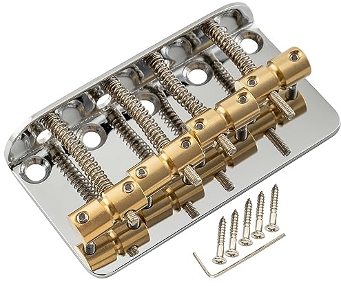 Musiclily Pro 19mm Classic Standard Hardtail Fixed 4-String Bass Bridge Top-loading with Brass Saddles Steel Plate for Jazz Bass Precision Bass PB JB Style Eelectric Bass, Chrome