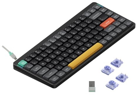 nuphy Air75 v2 QMK/Via Teclado Mecánico, 75% Teclado Inalámbrico de Bajo Perfil, Bluetooth 5.1, 2.4GHz y Conexión por Cable, Compatible con Sistemas Windows y Mac OS - Basalt Black Switch Wisteria