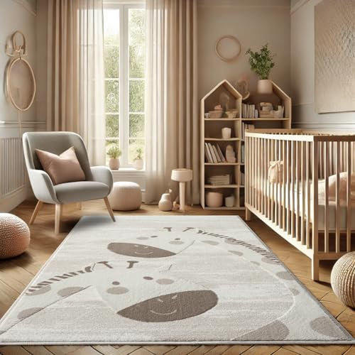 payé Teppich Kinderzimmer 160x230cm - Pastell Beige Creme - Kurzflor Spielteppich mit niedlichen Giraffen Motiv