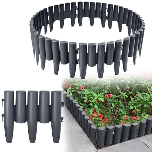 JNGLGO Garden Rasenkante 11.2M Mit Holzoptik Flexible Beeteinfassung Beetumrandung Kunststoff, Anthrazit L 28 x H 24 cm, 40 Stücke, Gartenpalisade Deko, für Blumen Gartenzaun Decorativ