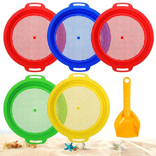 LOEPENLE 5 Stück Strand-Sandsieb-Siebe,Feines Sandsieb Kinder mit 1 Stück Schaufel,Kunststoff Strand Sand Sifter,Strandsandsieb,Sand-Strand-Set für Kinder,Sandsieb für Hinterhof,Sandkästen