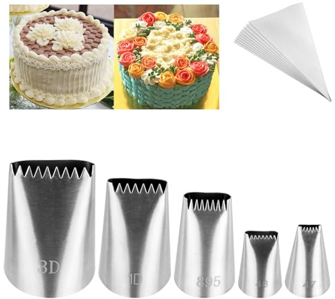 Kasmoire 5Pcs Basketweave Piping Tip Set,Stainless Steel Half Row Braided Flower Mouth Nozzles with 10Pcs Disposable Piping Bags,Braided Decorating Tube Nozzle Tips Set