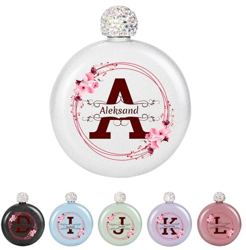 Petaca personalizada con purpurina para mujer, Petaca redonda personalizada con nombre, Apto para fiestas en clubes y reuniones nocturnas — 5 oz