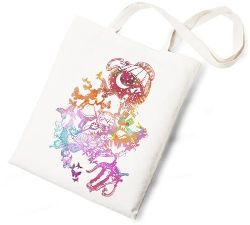 Tuilia Fairy Tales Fans Gift for Women Alice Tote Bag Movie Princess Lover Gift for Sisters Friends Movie Fans, Canvas Pocket Watch Butterfly Daisy Caterpillar Pattern Tote Bag for Women