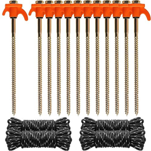 Fondlife Zeltheringe Erdnägel,Camping Heringe Zelt Stahl+4stk Zeltschnur und1Stecknuss,Bodenanker,Schraubheringe für harten Boden,Wald, Wiesen (12)