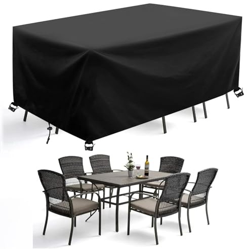 AJALGZ Bache de Protection Exterieur Table 270x150x90cm/LxWxH Bâche Protection Salon de Jardin Résistance au Vent Rectangulaire Housse Table de Jardin, Noir