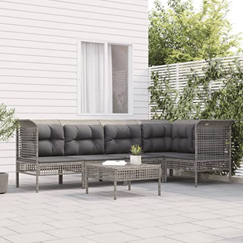 WEMYUFURN 6-TLG. Garten-Lounge-Set mit Kissen Grau Poly Rattan, Outdoor-Sitzgruppe, Terrassen-Lounge-Set, Garten-Couchgarnitur - Wetterbeständig, Komfortabel - für Terrasse, Garten und Balkon