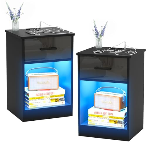 HaodaCulture Table de Nuit LED, Table de Chevet avec Multiprise, Lot de 2, Table d’Appoint avec Tiroirs et 16 Couleurs LED RVB, 2 Prises CA, 2 Ports USB, pour Salon, Chambre, Bureau 40x35x60cm