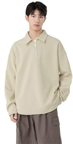 Seiizaa Sudadera de otoño e Invierno, Sudadera de Punto Bordada, Cuello Redondo, Sudadera de Felpa Suelta para Hombres-Apricot-M