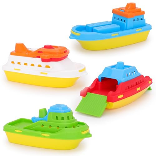 Toyland® Lot de 4 Bateaux Jouets Colorés - Navires de Charge, de Croisière, de Pêche et Porte-Conteneurs - Jouets Aquatiques Flottants pour Enfants - Jouet pour la Piscine et Le Bain - Âge 24 Mois +