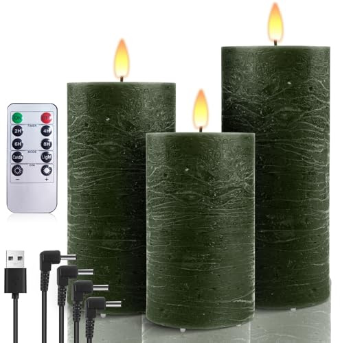 AnnSpa 3 Set Led Kerzen Aufladbar mit 10-Tasten Fernbedienung, Wiederaufladbare Kerzen Flammenlose Echtes Wachs Flackern Wick Yellow Light Pillar Candles mit Timerfunction für Weihnachten - Grün