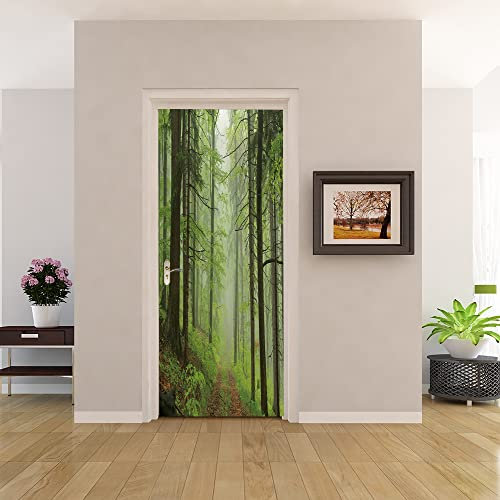 3D Türtapete 70x200 Türaufkleber Selbstklebend Türfolie Poster Fototapete Türbilder Türtattoos Wasserdichte Tür Stickers für Kinderzimmer Wohnzimmer Badezimmer Grüne Waldlandschaft