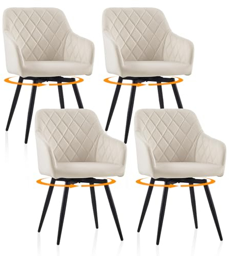 TUKAILAi Swivel Dining Chairs Set of 4 Cream Velvet Upholstered Accent Chairs with Arms and Metal Legs, Bedroom Vanity Desk Chair No Wheels, Kitchen Tub Chairs for Home Office Living Room