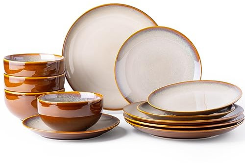LeRatio Dinner Set for 4, 12 Piece Stoneware Plates and Bowls Set, Chip & Scratch Resistant Reactive Glazed Dinnerware Set, Dishwasher & Microwave Safe Crockery Set (Cappuccino, Set of 12)