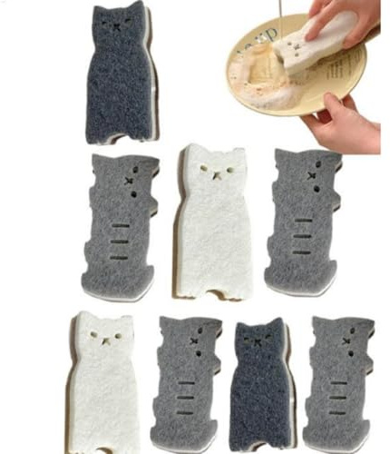 8 Cat Shaped Kitchen Sponges, Cute Cat Shape Scouring Pads, Multifunctional Household Dishwashing Tools, Dish Washing with High Density Kitchen Accessories