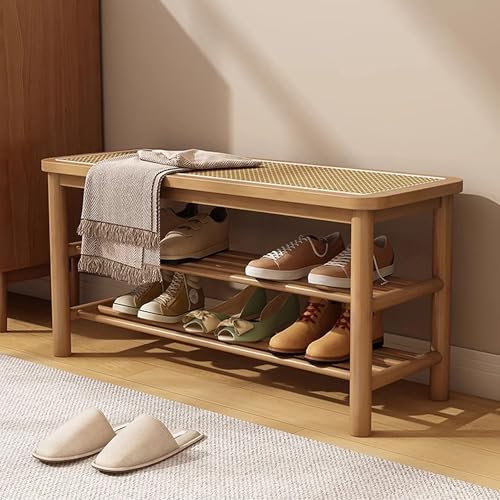 CVQJL Zapatero de Madera Maciza, Banco Organizador de Zapatos de 3 Niveles para Entrada, Dormitorio, Sala de Estar, balcón, Color Madera/Nogal