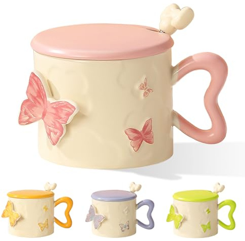 Taza de café de mariposa, taza de cerámica rosa 350 ml, taza de cerámica con mariposas 3D, con tapa y cuchara, taza para leche, café, zumo, dulces regalos para niñas mamá novia
