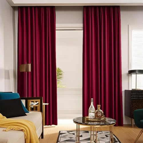 MYRU 1 Pair Pencil Pleat Luxury Velvet Curtains, Room Darkening, Thermal Insulated Drapes for Living Room Bedroom(Wine Red, 2 x 66x102 Inch)
