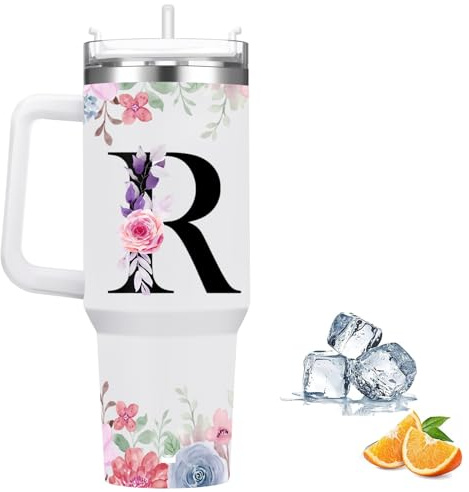 Botella Agua Termica Personalizada, Cool Bottles de Acero Inoxidable de 1.2 Litros, Termo Cafe para llevar con tapa y pajita, Copo Termico sin BPA, Letras de Moda, Regalos Originales para Mujer (R)