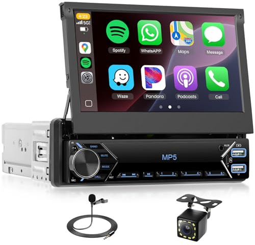 1 DIN Wireless Carplay Autoradio mit 7-Zoll manuell versenkbarem Touchscreen, Single Din Bluetooth Radio mit Android Auto FM EQ Mirror Link USB-C Lenkradsteuerung