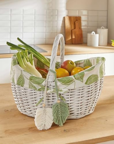 Dekoleidenschaft Panier à provisions « feuilles » en osier tressé blanc, panier de pique-nique avec insert en tissu, grand panier tressé