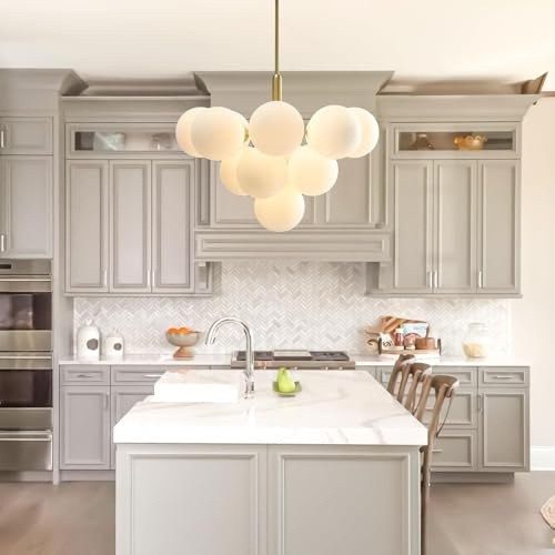 RuiRfh Kronleuchter aus der Mitte des Jahrhunderts Glasschirm moderner Stil Wohnzimmer Sputnik Pendelleuchte 13 Lichter Messing Gold Hängelampe Vintage Blasenleuchte für Esszimmer Kücheninsel Schlafzi
