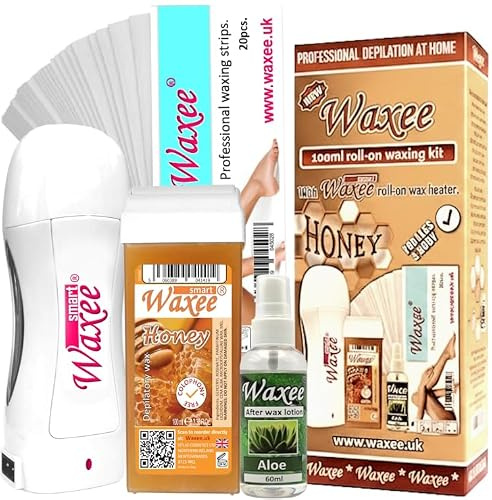 Roll-on waxing kit: 100ml roller wax cartridge, wax heater, after wax oil, strips- Complete starter set roll-on wax system- WAXEE SMART, COLOPHONY FREE (Honey)