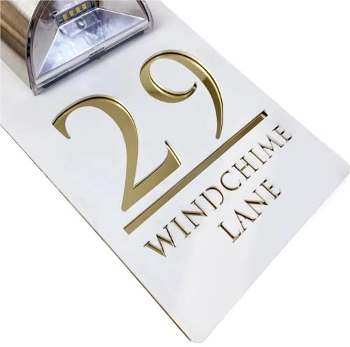 Hausnummer,Hausnummernschild Solar-LED Hausnummernschild Personalisiert, Beleuchtetes Acryl-Adressschild Für Außen(White gold,25x15cm,Font 1)