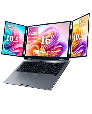 Ordinateur portable à triple écran, 16 principal + deux moniteurs 10,5, Core i7-12700H, 16 Go de RAM, 1 To SSD, Win 11 Pro, Wi-Fi 5, BT 5.0, déverrouillage d'empreintes digitales (16GB+1TB) | RAM 16 Go, SSD 1 To, Win 11 Pro, Wi-Fi 5, BT 5.0, déverrouillage d'empreintes digitales et faciales, USB-C, HDMI