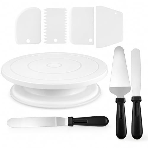 White Cake Decorating Kit Baking Supplies Baking Set | with 1cake Stand 3Frosting Spatulas 4Icing Smoothers Scrapers Cake Turntable for Beginners and Pros