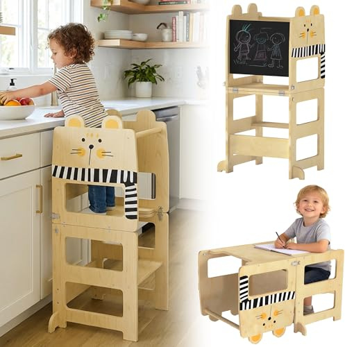AIYAPLAY Torre didattica 3 in 1 pieghevole, trasformabile in scrivania e sedia, sgabello didattico per bambini dai 2 ai 5 anni con lavagna, disegni di gatti, per bagno, cucina, naturale
