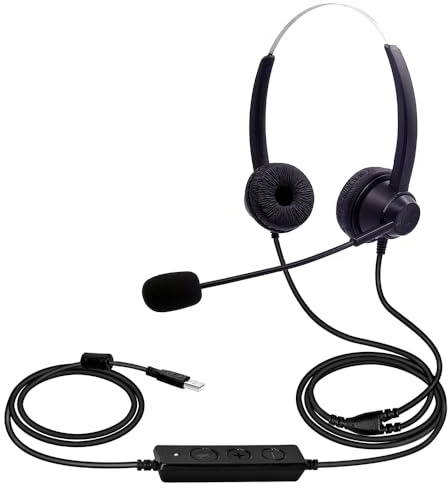 Klanata Cuffie per computer con doppio orecchio cablato USB con microfono e controllo del volume compatibili con PC laptop e computer desktop - Cuffie da ufficio con cancellazione del