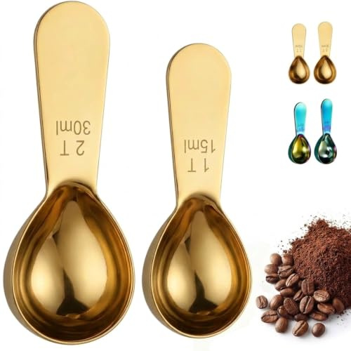 Aiyraa 2 Pcs Golden Coffee Tablespoon Measuring Spoons, Protein Scoops | 30ml and 15ml Stainless Steel Power Scoop with Clear Scale, Short Handle for Ground Coffee, Milk Powder, Sugar